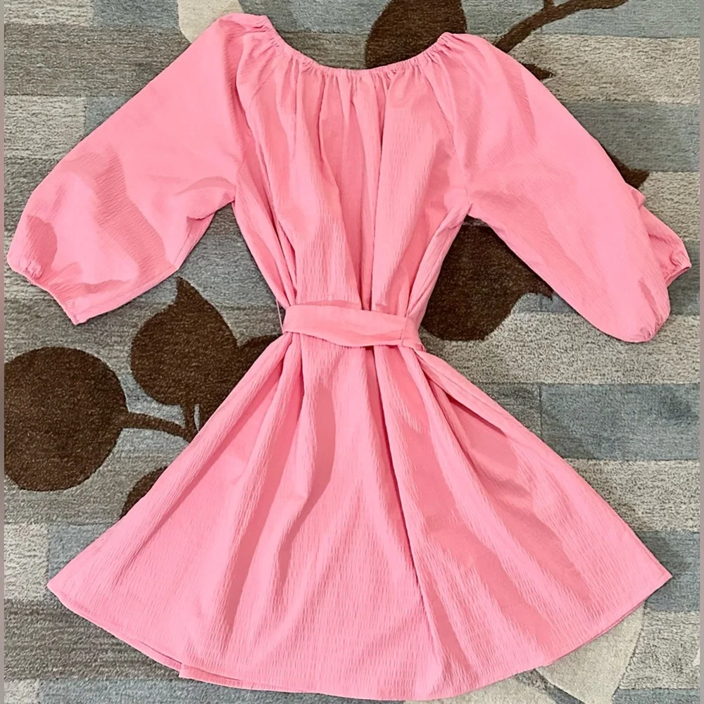Elizabeth & James On/Off Shoulder Uptown Dayglow Peasant Belted Shift Dress Pink - Picture 6 of 10